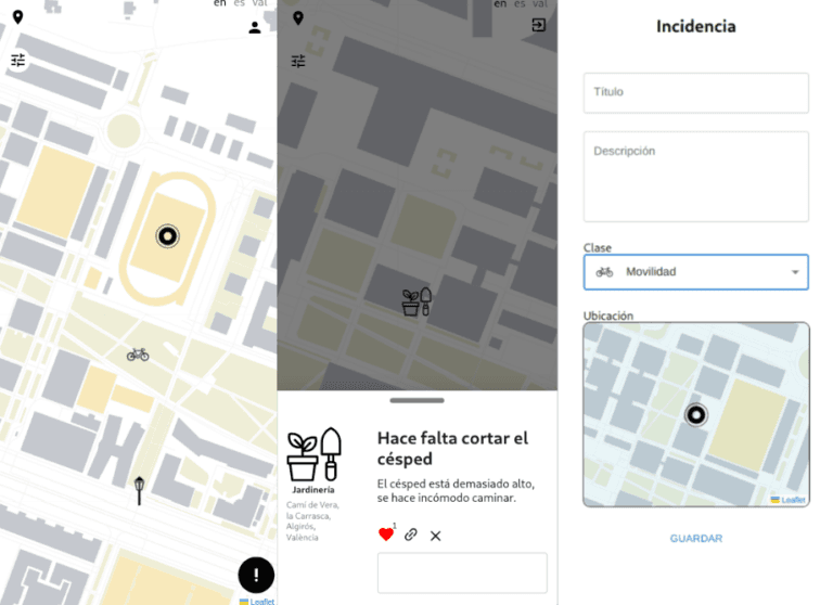 Interfaz de la aplicación GLOCAL para reportar incidencias urbanas sobre un mapa del campus.