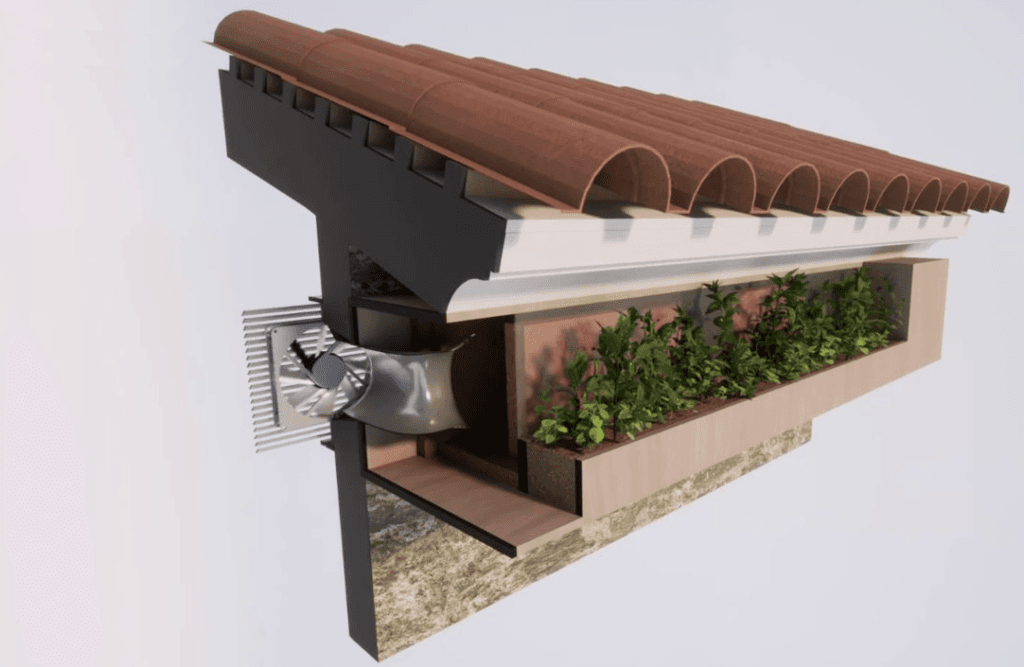 Sección técnica del sistema Xaloc: cubierta tradicional, ventilación pasiva y jardinera vegetal integrada.