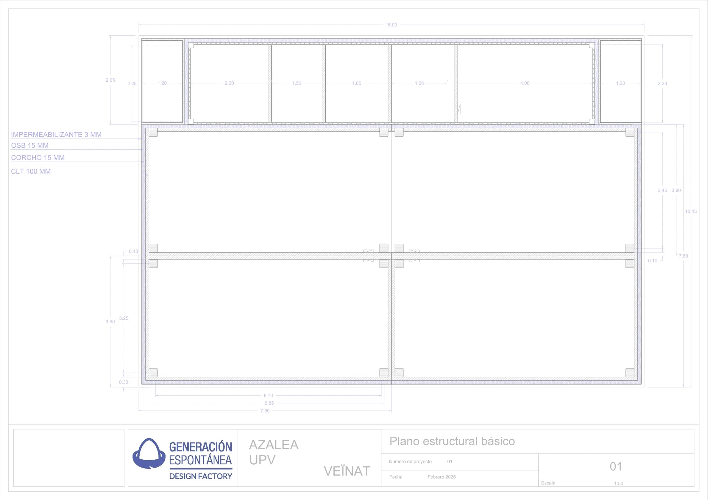 Plano estructural básico de Veïnat, con cotas y desglose de materiales de la envolvente.