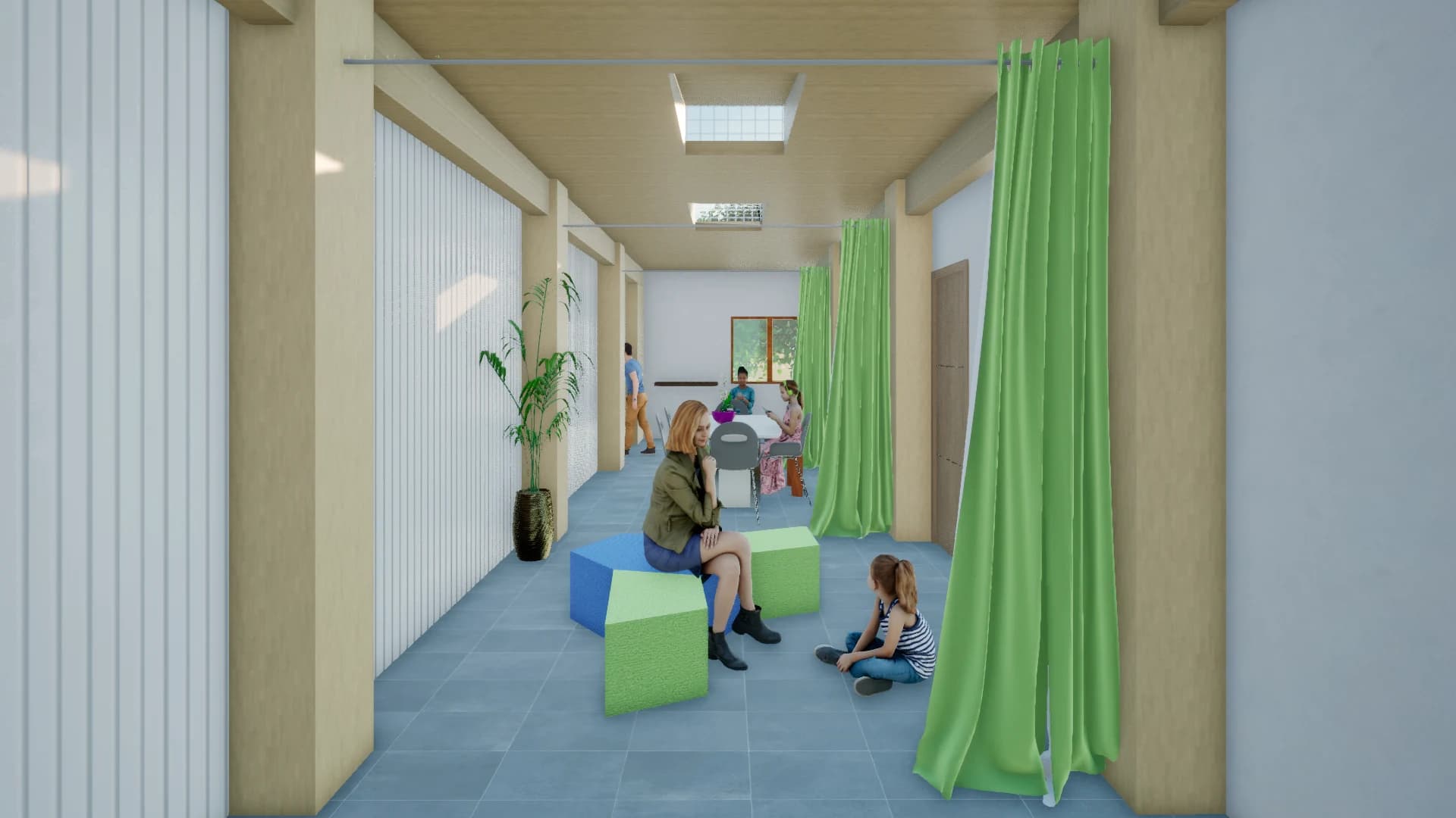 Render de interior de Veïnat: una zona común con particiones textiles flexibles, mobiliario modular y estructura de madera vista.